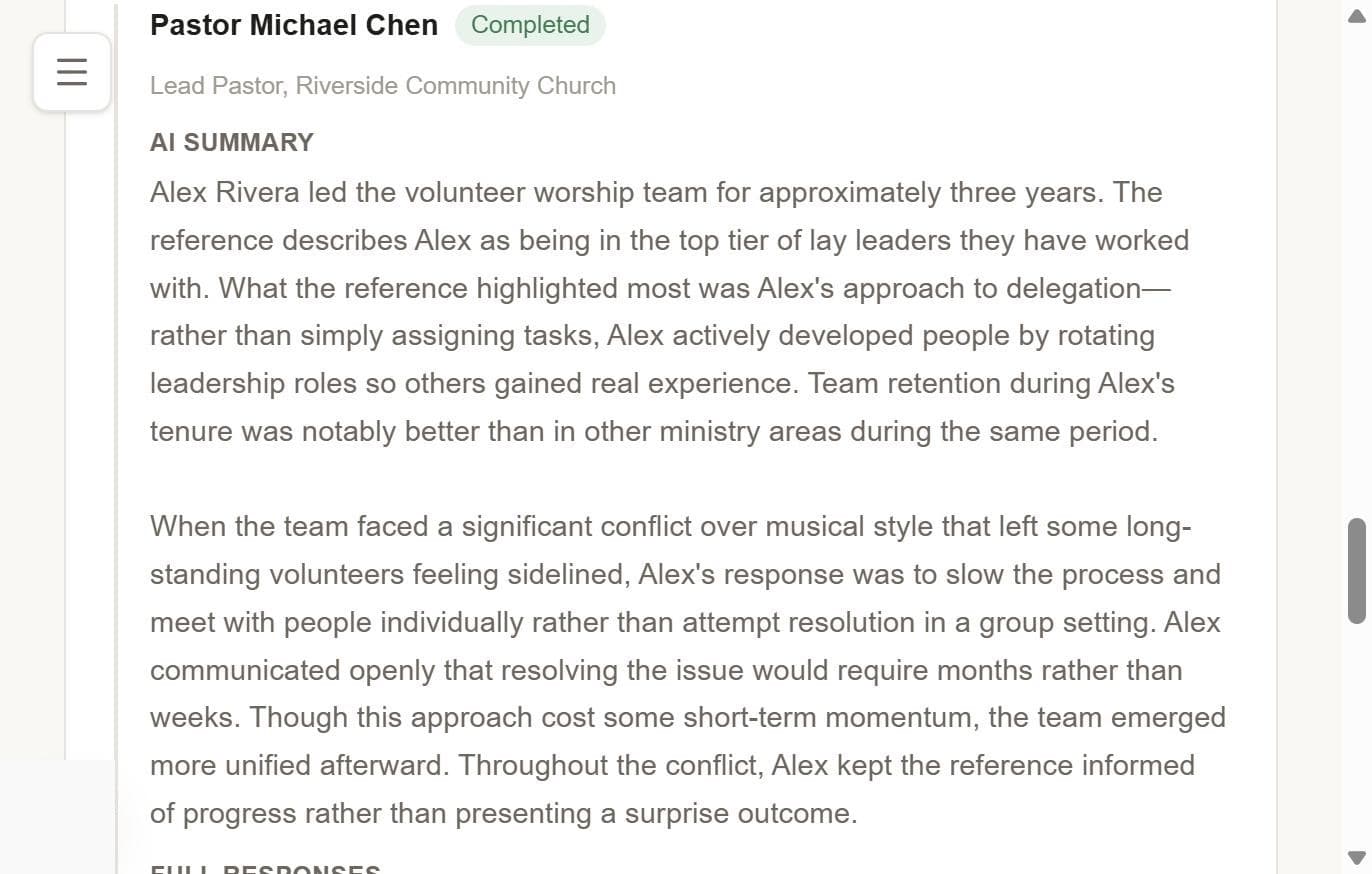 An org's view of a completed reference, with an AI-generated summary and full responses