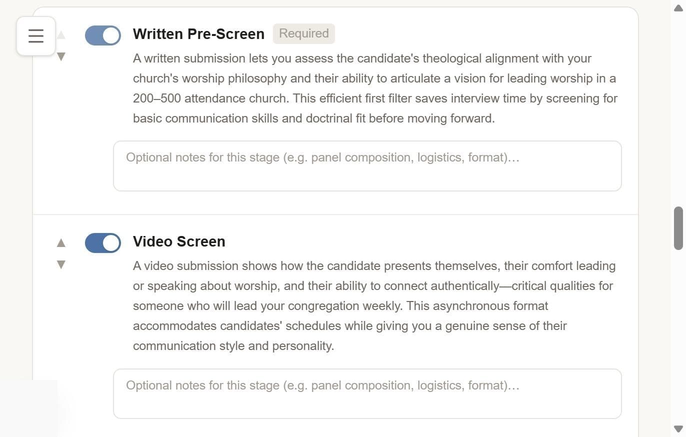 The hiring-process stage builder for a search, with AI-suggested rationale for each stage