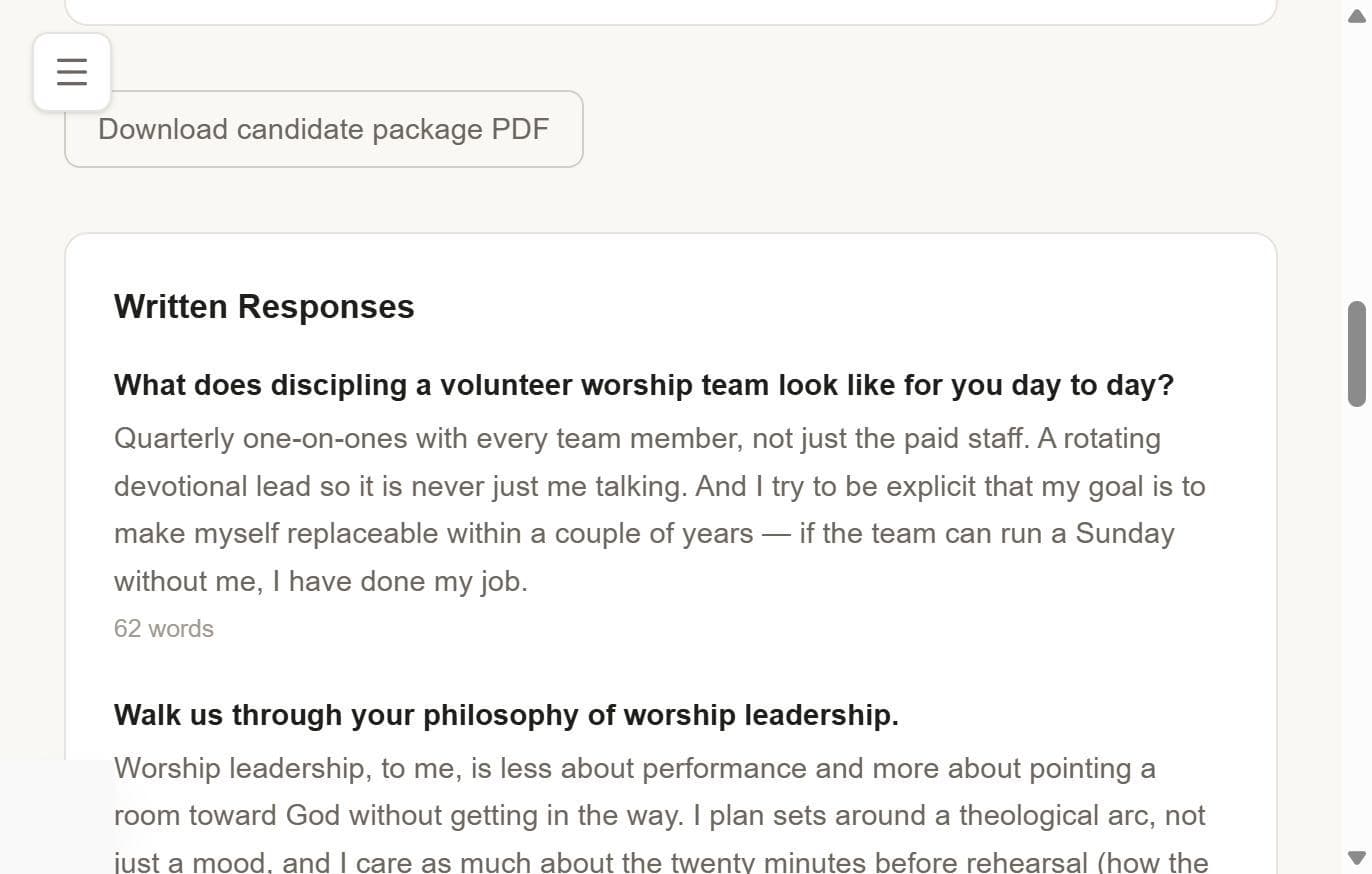 An org's view of a candidate's submitted written pre-screen responses