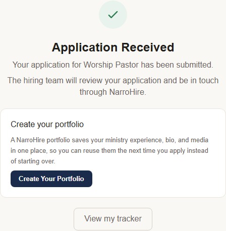 The confirmation screen — here, the no-portfolio-yet branch, with a real pitch for building one