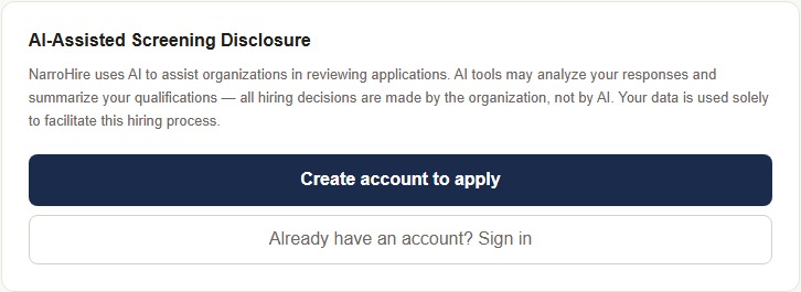 AI-Assisted Screening Disclosure at the bottom of a public posting, with Create account / Sign in below it