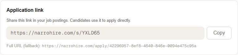 The Application link block: the short link, a Copy button, and the full-URL fallback