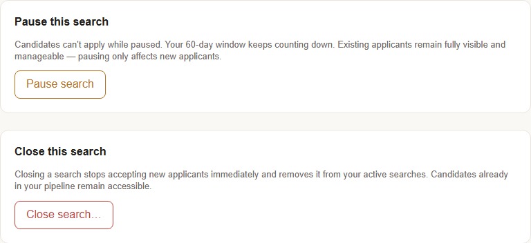 Pause and Close controls together — different consequences, sitting right next to each other