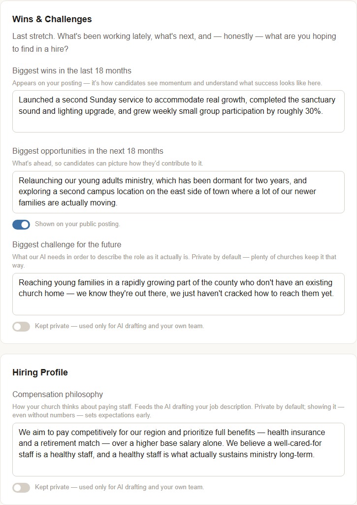 Wins & Hiring step: the always-public Biggest Wins field alongside the on-by-default Biggest Opportunities toggle and the off-by-default Biggest Challenge and Compensation Philosophy toggles — the visibility pattern side by side