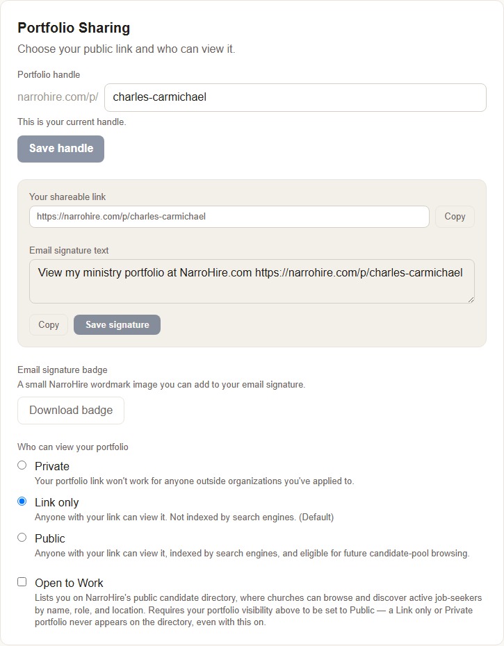 Portfolio Sharing panel: handle, shareable link with copy button, email signature text, three-way visibility choice, and the Open to Work checkbox
