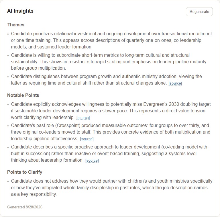 AI Insights, all three real sections: Themes, Notable Points, and Points to Clarify