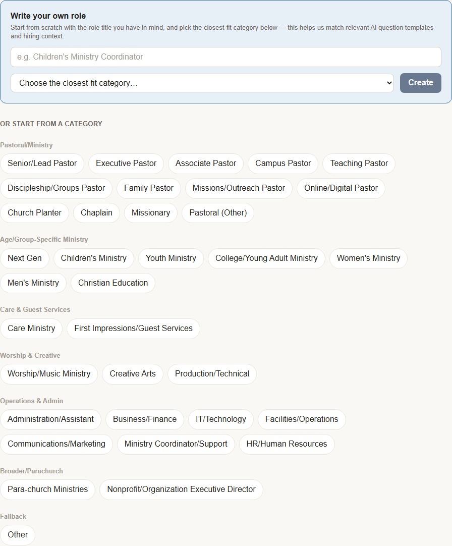 The New Search screen: Write your own role above the full grouped list of preset categories